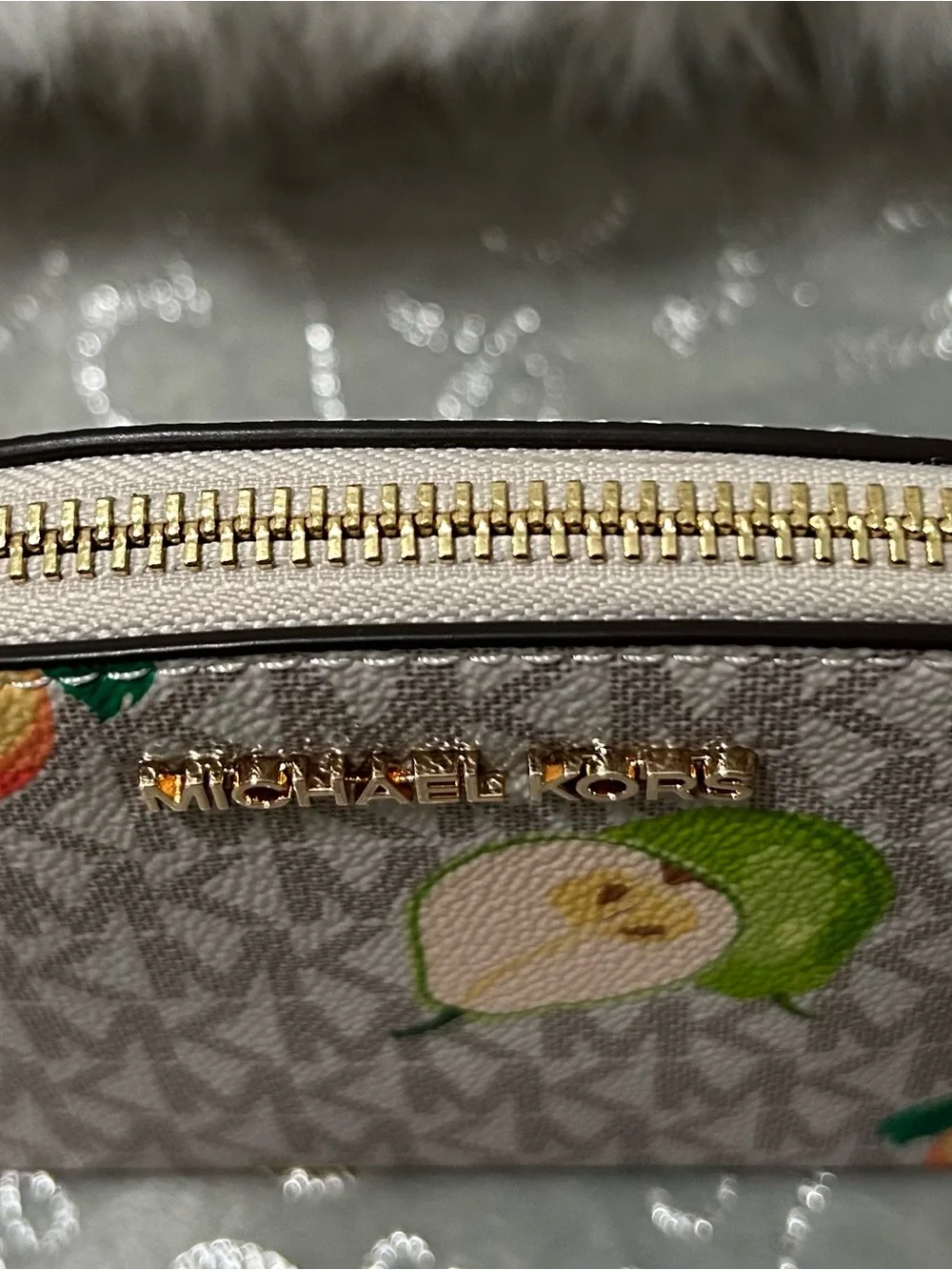 NWT Michael Kors Small, Beige Logo Cosmetic Pouch-Pink/Green/Yellow Fruit Print